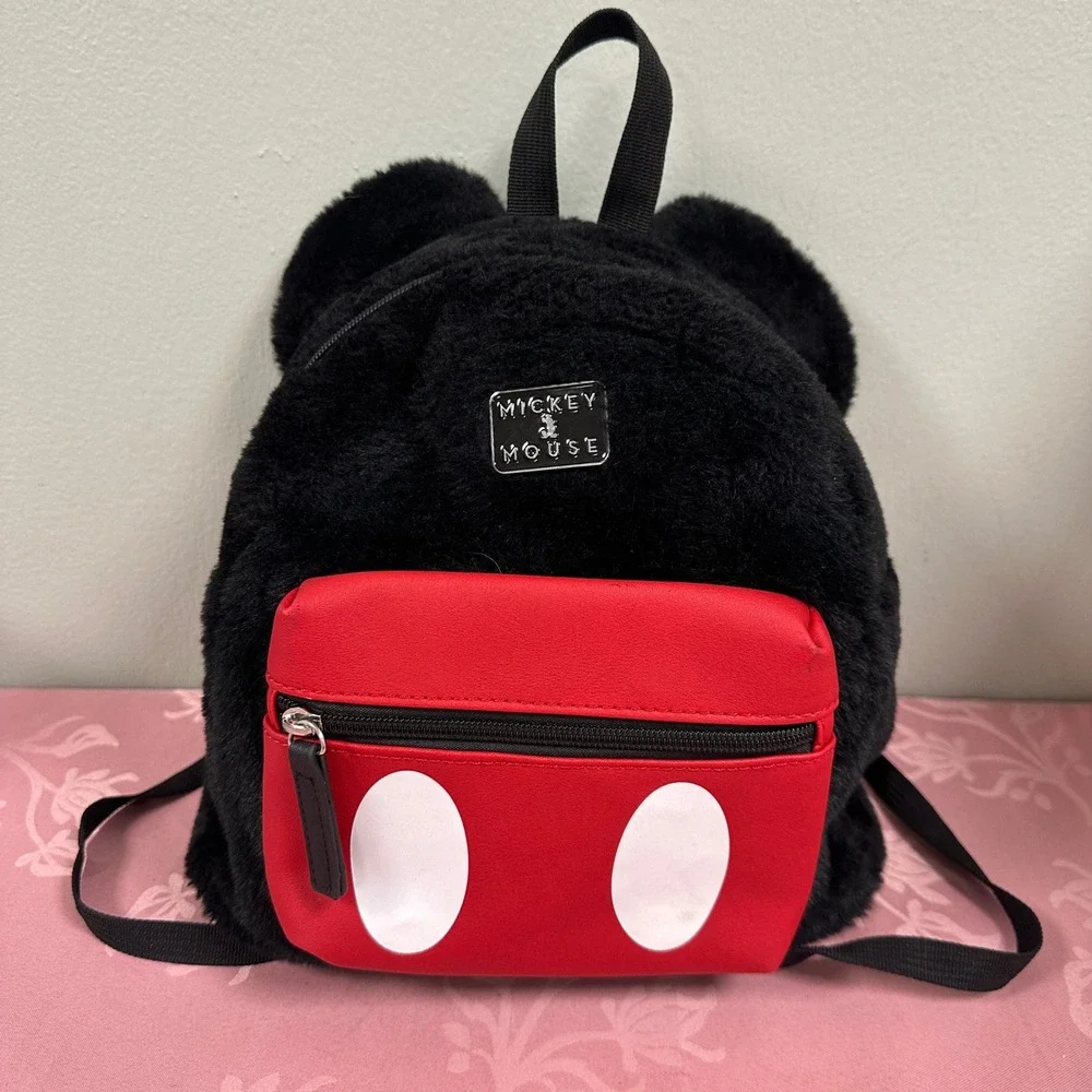 Disney Mickey Mouse Plush Faux Fur Mini Backpack Black Red 3D Ears